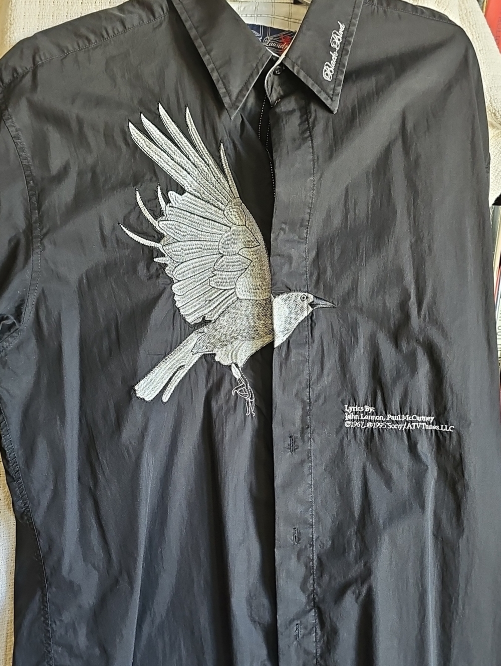 Black Label Embroidered Black Button-Down Shirt with White Bird Motif